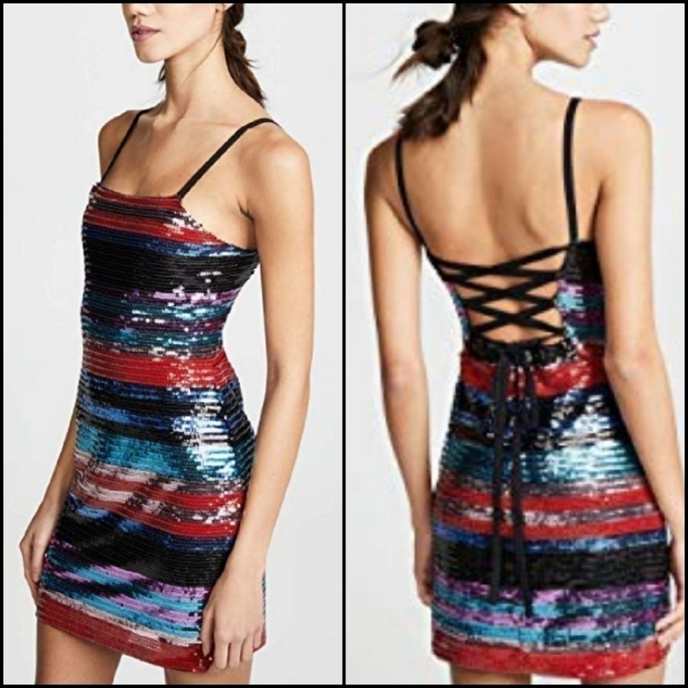 NEW! WAYF Striped Corset Tie Back Sequin Mini Dress Large.